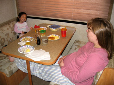 Mommy made us a full breakfast of pancakes and eggs and bacon with the kitchen in the RV